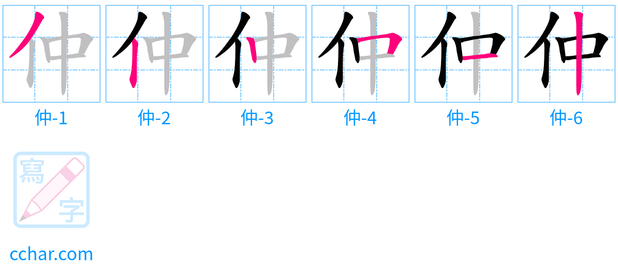 仲 stroke order step-by-step diagram