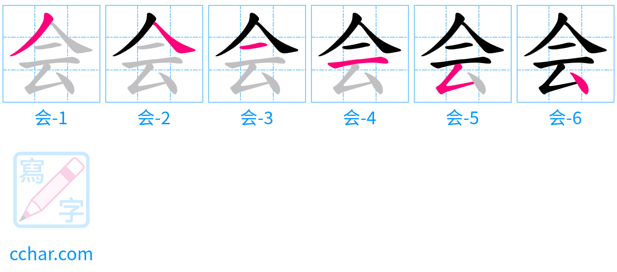 会 stroke order step-by-step diagram