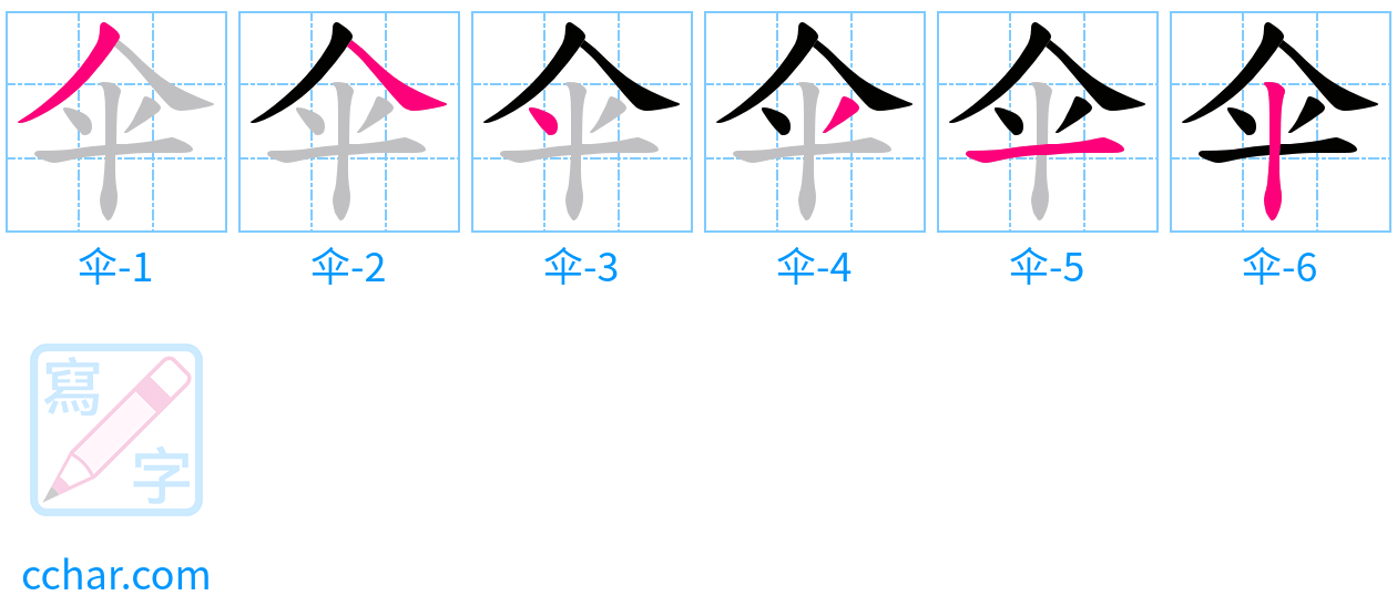 伞 stroke order step-by-step diagram