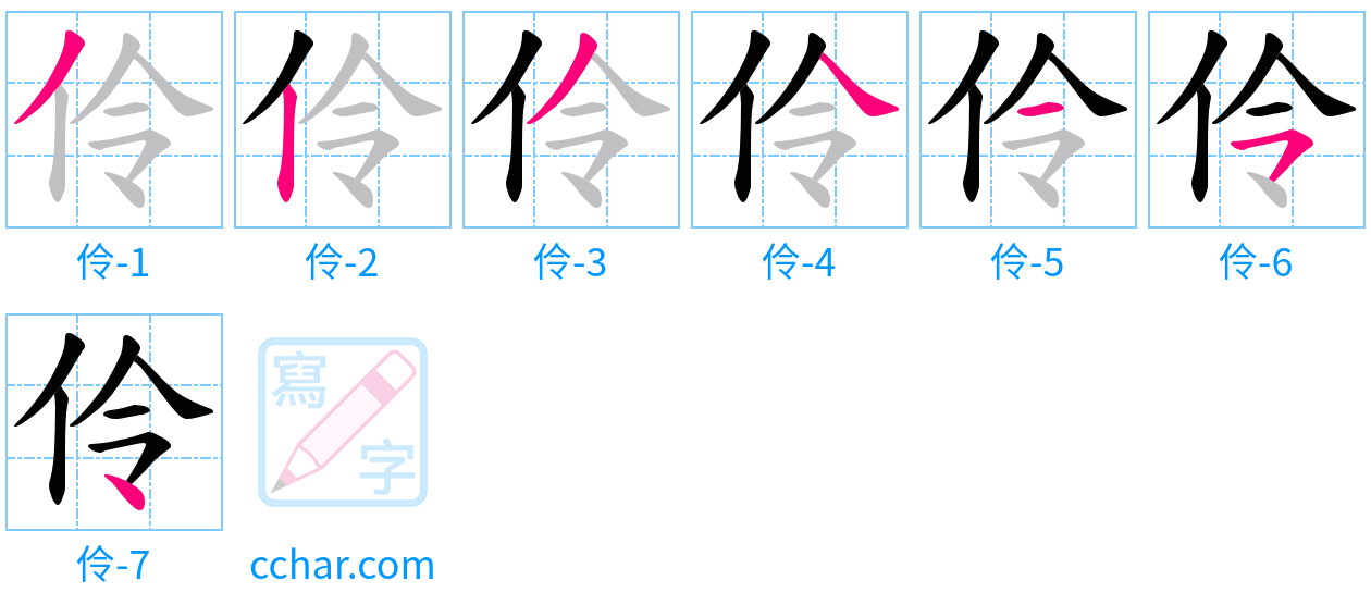 伶 stroke order step-by-step diagram