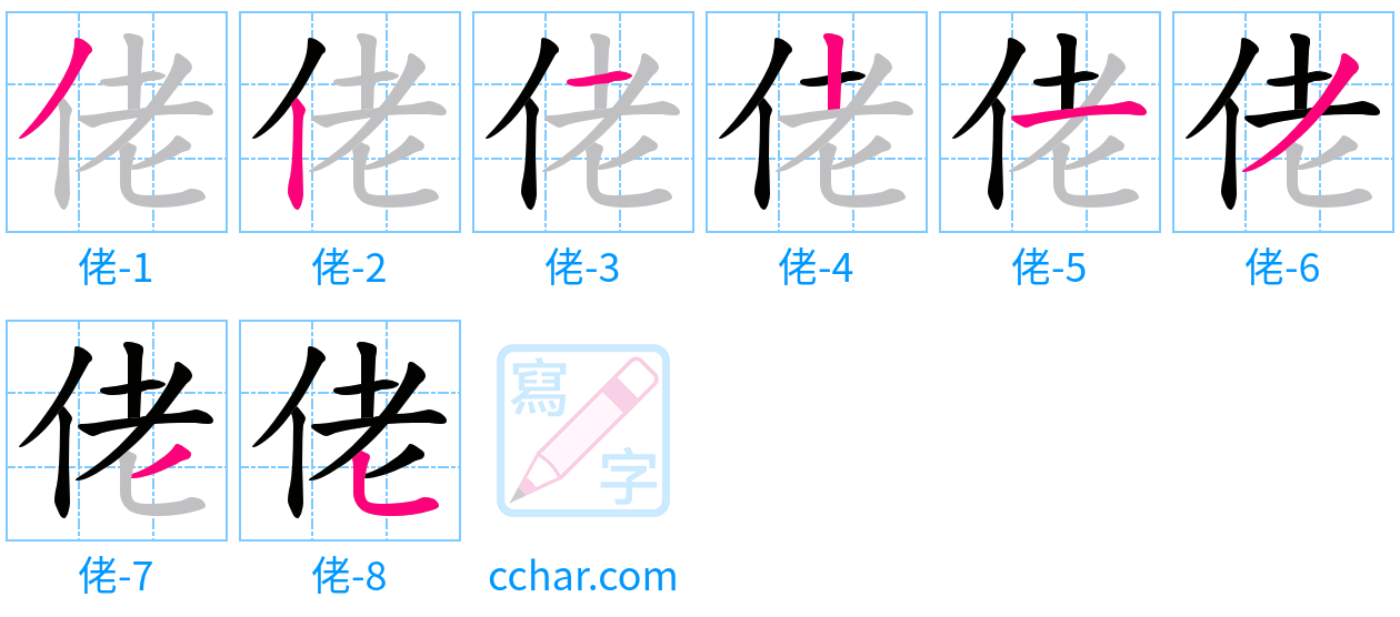 佬 stroke order step-by-step diagram