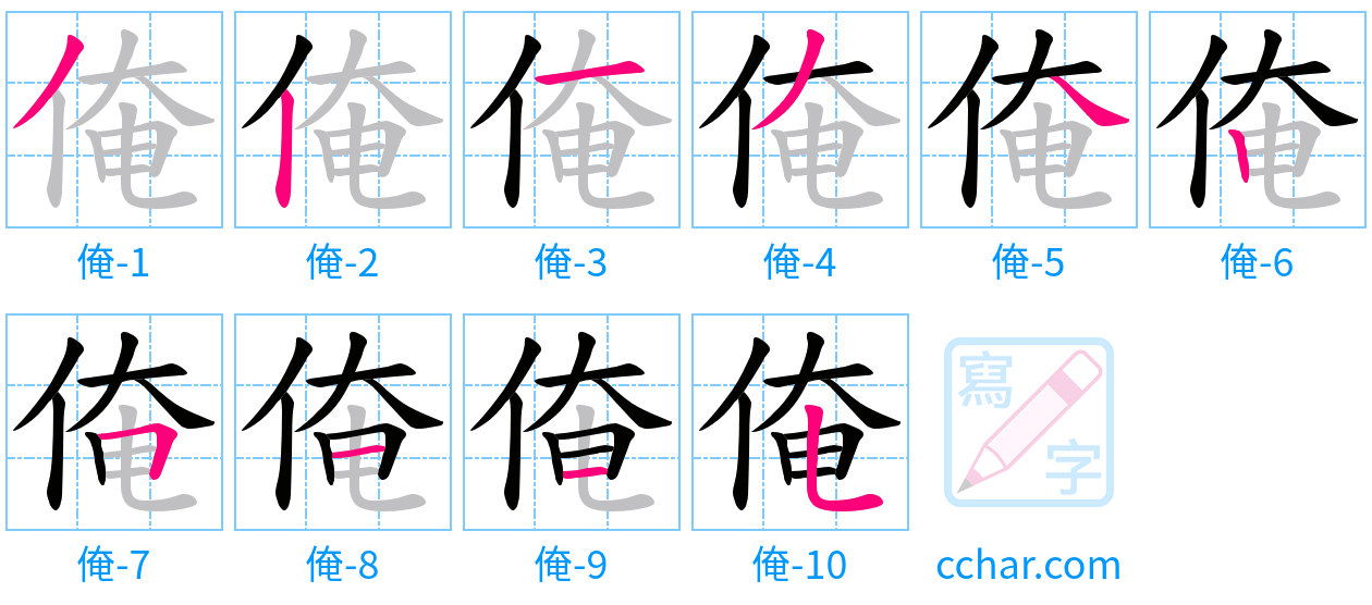 俺 stroke order step-by-step diagram