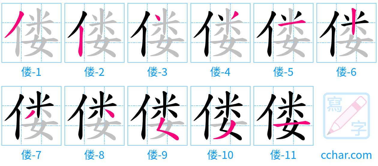 偻 stroke order step-by-step diagram