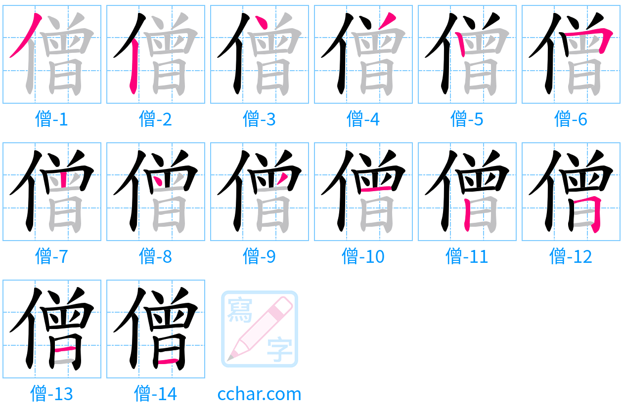 僧 stroke order step-by-step diagram
