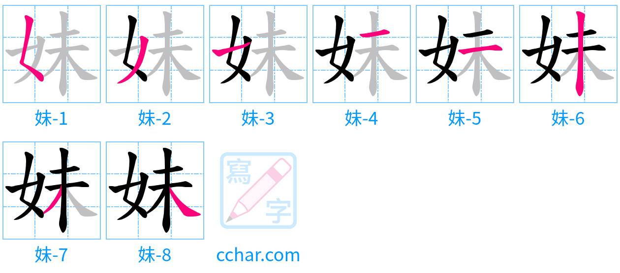 妹 stroke order step-by-step diagram