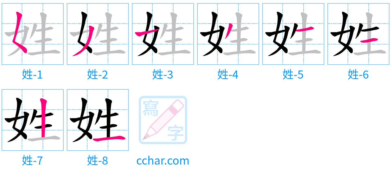 姓 stroke order step-by-step diagram