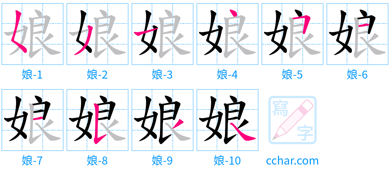 娘 stroke order step-by-step diagram