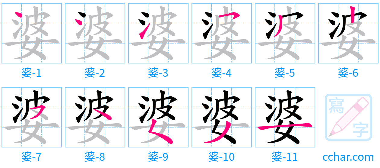 婆 stroke order step-by-step diagram