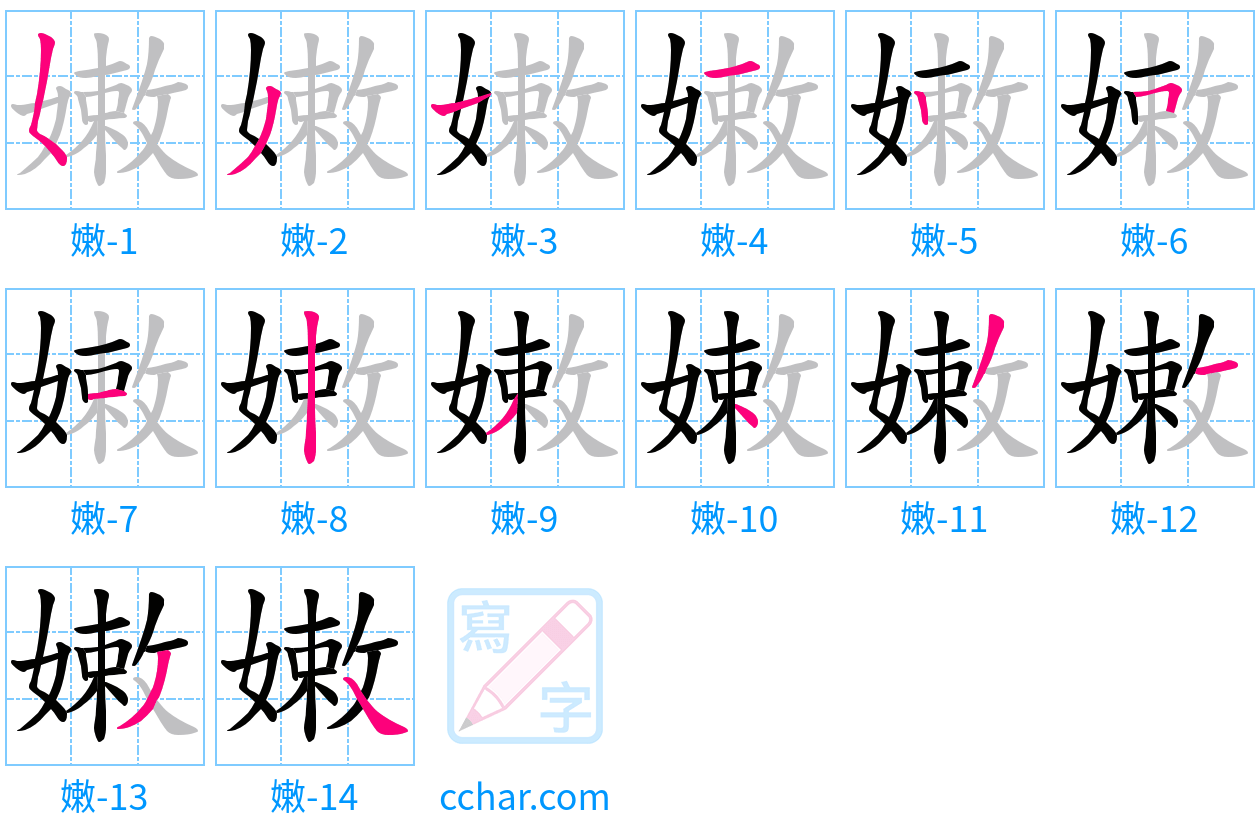 嫩 stroke order step-by-step diagram