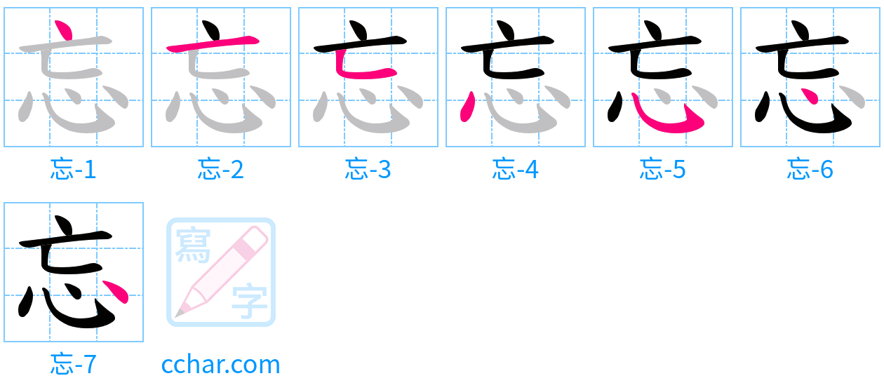 忘 stroke order step-by-step diagram