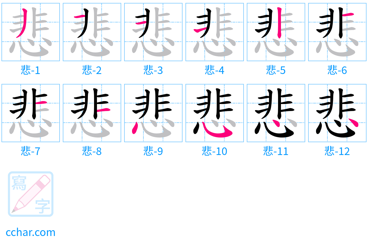 悲 stroke order step-by-step diagram