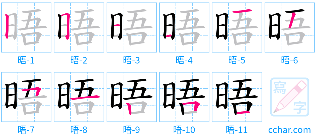 晤 stroke order step-by-step diagram