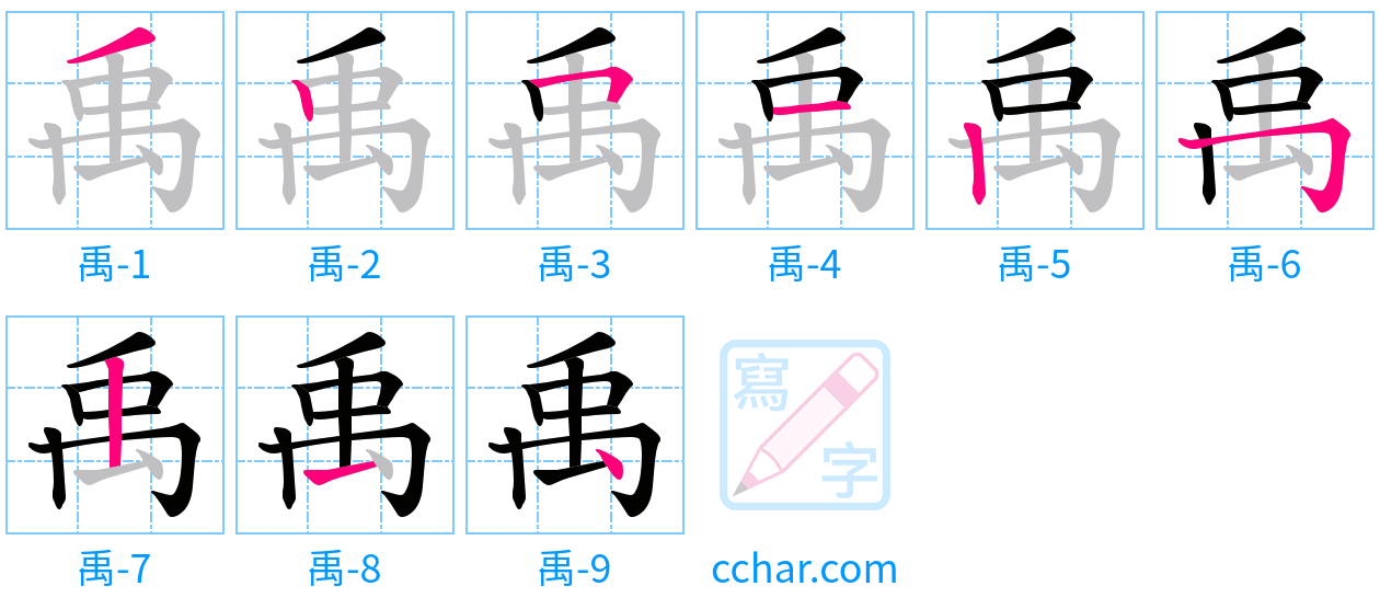 禹 stroke order step-by-step diagram