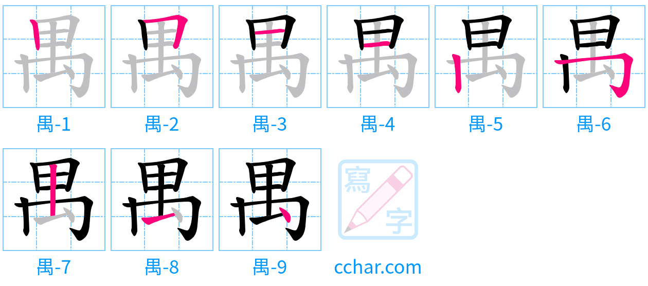 禺 stroke order step-by-step diagram