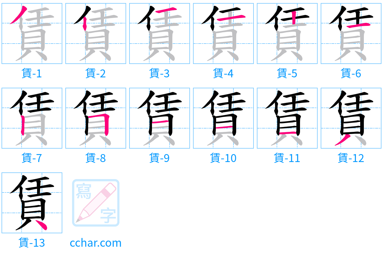 賃 stroke order step-by-step diagram