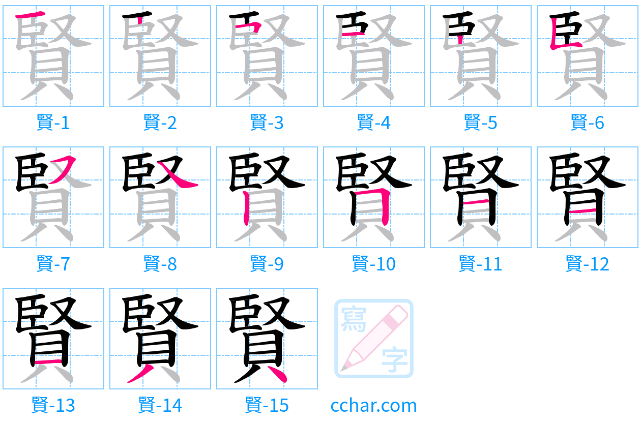 賢 stroke order step-by-step diagram