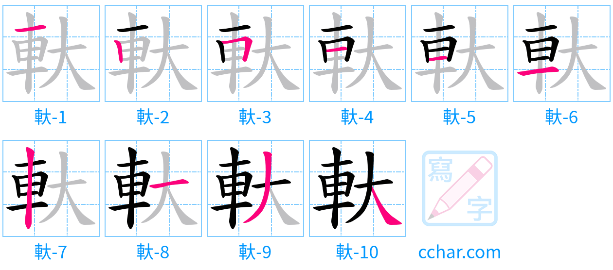 軑 stroke order step-by-step diagram