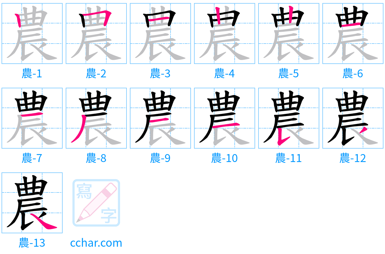 農 stroke order step-by-step diagram