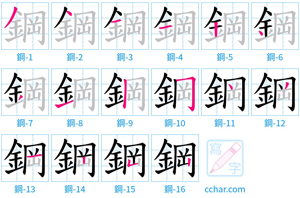 鋼 stroke order step-by-step diagram