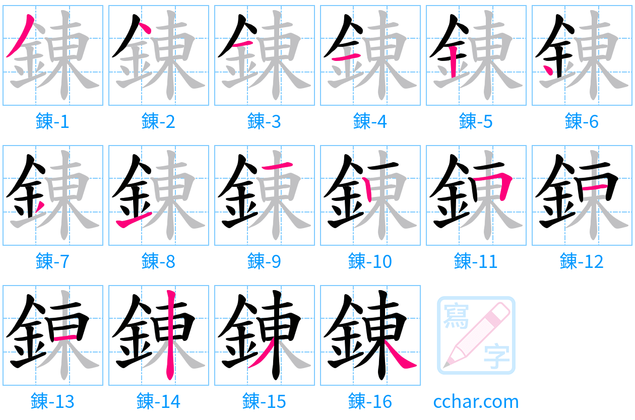 錬 stroke order step-by-step diagram